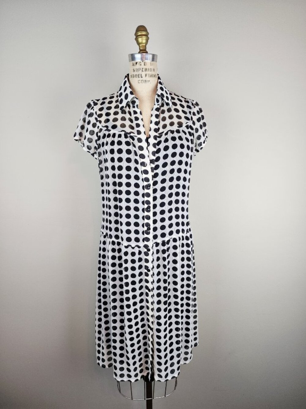 Vintage Inspired Silhouette Black on Cream Polka Dot Dress with Slip * Size 10